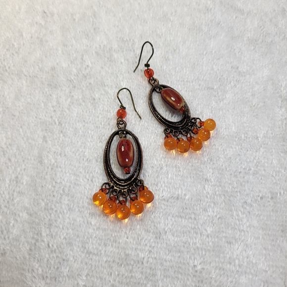 Rust and Orange Beaded Dangle Statement Earrings / Pierced - Picture 2 of 4